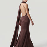 BROWN HIGH COLLAR, ASYMMETRIC SATIN EVENING DRESS