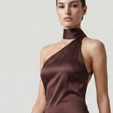 BROWN HIGH COLLAR, ASYMMETRIC SATIN EVENING DRESS