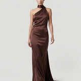 BROWN HIGH COLLAR, ASYMMETRIC SATIN EVENING DRESS