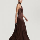 BROWN HIGH COLLAR, ASYMMETRIC SATIN EVENING DRESS