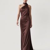 BROWN HIGH COLLAR, ASYMMETRIC SATIN EVENING DRESS