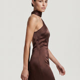 BROWN HIGH COLLAR, ASYMMETRIC SATIN EVENING DRESS