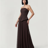 BROWN SKIRT DRAPED STRAPLESS EVENING DRESS WITH PEPLUM