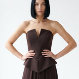 BROWN SKIRT DRAPED STRAPLESS EVENING DRESS WITH PEPLUM