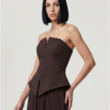 BROWN SKIRT DRAPED STRAPLESS EVENING DRESS WITH PEPLUM