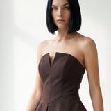 BROWN SKIRT DRAPED STRAPLESS EVENING DRESS WITH PEPLUM