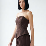 BROWN SKIRT DRAPED STRAPLESS EVENING DRESS WITH PEPLUM