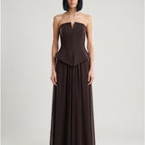 BROWN SKIRT DRAPED STRAPLESS EVENING DRESS WITH PEPLUM