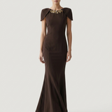 BROWN EVENING DRESS WITH SHOULDER DETAILS AND EMBROIDERED BACK