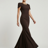 BROWN EVENING DRESS WITH SHOULDER DETAILS AND EMBROIDERED BACK