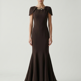 BROWN EVENING DRESS WITH SHOULDER DETAILS AND EMBROIDERED BACK