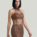BROWN OPEN BACK LACE EMBROIDERED EVENING DRESS