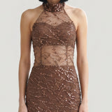 BROWN OPEN BACK LACE EMBROIDERED EVENING DRESS