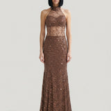 BROWN OPEN BACK LACE EMBROIDERED EVENING DRESS