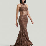 BROWN OPEN BACK LACE EMBROIDERED EVENING DRESS
