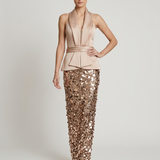 BROWN OPEN BACK SEQUIN EVENING DRESS