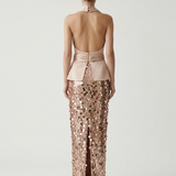 BROWN OPEN BACK SEQUIN EVENING DRESS