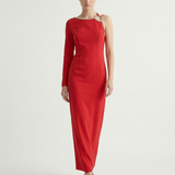 RED SINGLE SLEEVE EVENING DRESS