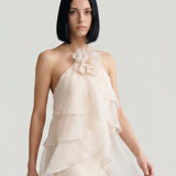 CREAM LAYER FLOWLING DRESS WITH FLOWER BROOCH