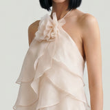 CREAM LAYER FLOWLING DRESS WITH FLOWER BROOCH
