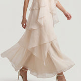 CREAM LAYER FLOWLING DRESS WITH FLOWER BROOCH