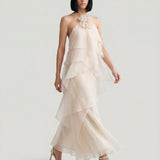 CREAM LAYER FLOWLING DRESS WITH FLOWER BROOCH