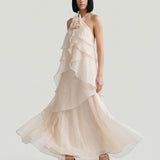 CREAM LAYER FLOWLING DRESS WITH FLOWER BROOCH