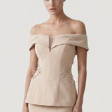 EMBROIDERED TWO EVENING DRESS SUIT WITH LILA PEPLUM