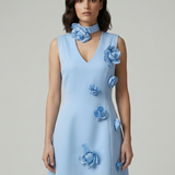 BLUE FLOWER APPLICATED SHORT EVENING DRESS