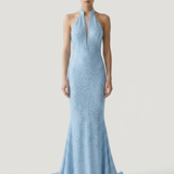 BLUE MESH SEQUINED BACKOFF EVENING DRESS