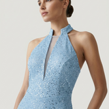 BLUE MESH SEQUINED BACKOFF EVENING DRESS