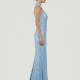 BLUE MESH SEQUINED BACKOFF EVENING DRESS