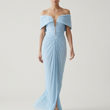 BLUE EMBROIDERED PATTERNED EVENING DRESS