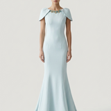 BLUE SHOULDER DETAILED EVENING DRESS WITH EMBROIDERED BACK