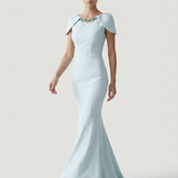 BLUE SHOULDER DETAILED EVENING DRESS WITH EMBROIDERED BACK