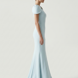 BLUE SHOULDER DETAILED EVENING DRESS WITH EMBROIDERED BACK