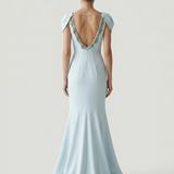 BLUE SHOULDER DETAILED EVENING DRESS WITH EMBROIDERED BACK