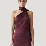 DAMSON HIGH COLLAR, ASYMMETRIC SATIN EVENING DRESS