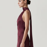 DAMSON HIGH COLLAR, ASYMMETRIC SATIN EVENING DRESS