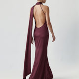 DAMSON HIGH COLLAR, ASYMMETRIC SATIN EVENING DRESS