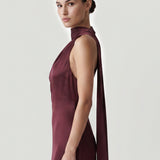 DAMSON HIGH COLLAR, ASYMMETRIC SATIN EVENING DRESS