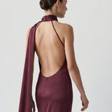 DAMSON HIGH COLLAR, ASYMMETRIC SATIN EVENING DRESS