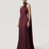 DAMSON HIGH COLLAR, ASYMMETRIC SATIN EVENING DRESS