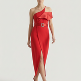NAR ONE SHOULDER TURNED NECK EVENING DRESS