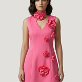 PINK FLOWER APPLICATED SHORT EVENING DRESS