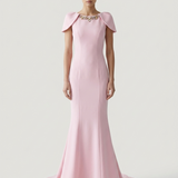 PINK EVENING DRESS WITH SHOULDER DETAIL AND EMBROIDERED BACK