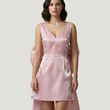 SHORT EVENING DRESS WITH POWDER TAIL AND BOW
