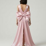 SHORT EVENING DRESS WITH POWDER TAIL AND BOW