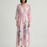 POWDER MAGNOLIA PRINTED SATIN DRESS WITH CAPE