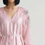 POWDER MAGNOLIA PRINTED SATIN DRESS WITH CAPE